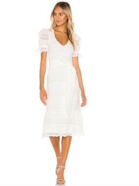 Tularosa Quinn Ivory White Textured Tiered Crochet Lace Puff Sleeve Midi Dress M